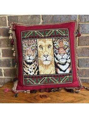 Handcrafted Needlepoint Throw Pillow 17x17 Jungle Catss Red  Velvet Gold Tassels